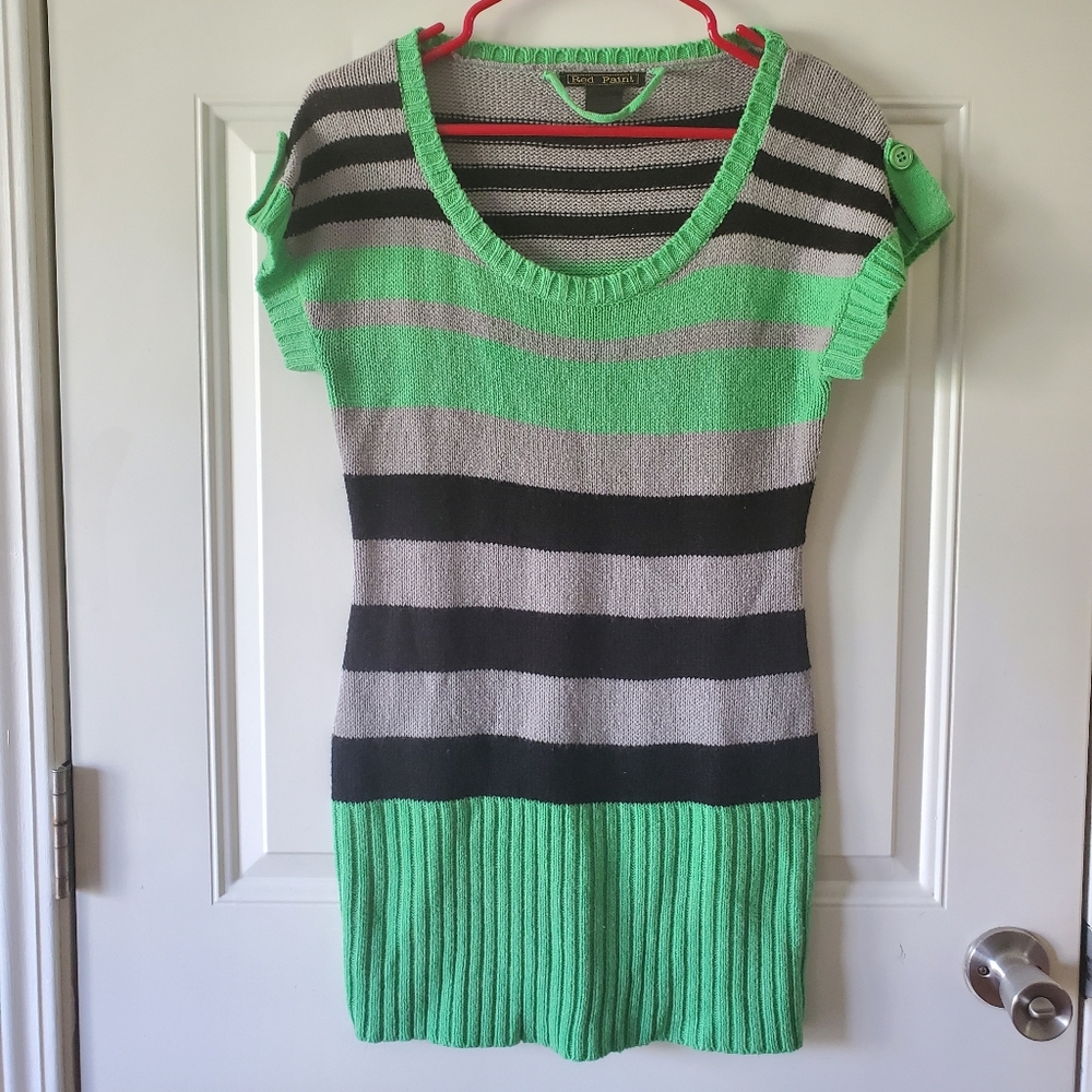 Red Paint Knit Long Tunic Striped Top